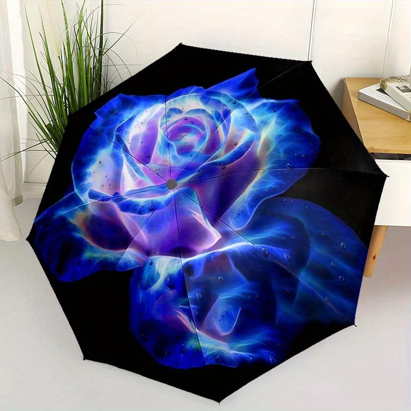 

1pc Automatic Open/close Umbrella with Blue Rose Floral Pattern - Folding Umbrella, Sturdy 8-Rib Construction, Compact Travel (as the picture,Iron&8K)