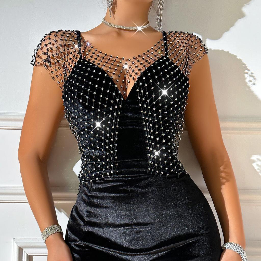 Ladies' Fishing Net Shiny Diamond Slit Sexy Exposed Navel Vest