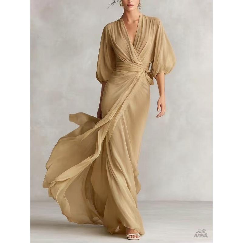 2026 European and American Socialites Deep V-neck Shoulder Lantern Sleeves Waist Long Dress Romantic Autumn Banquet