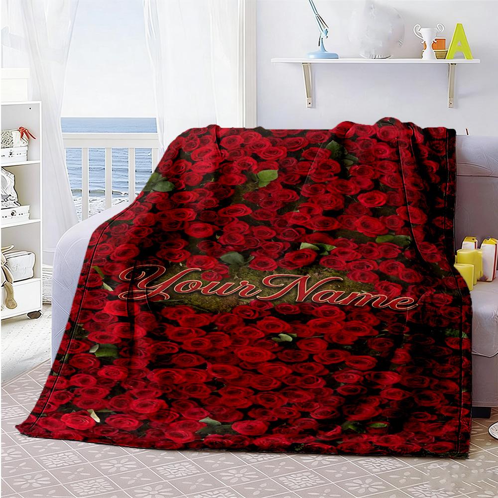 Rose Personalized Name Blanket Multi-purpose Customizable Blanket Soft Warm Cozy Suitable for Office Living Room Sofa Livingroom Four Seasons Universa