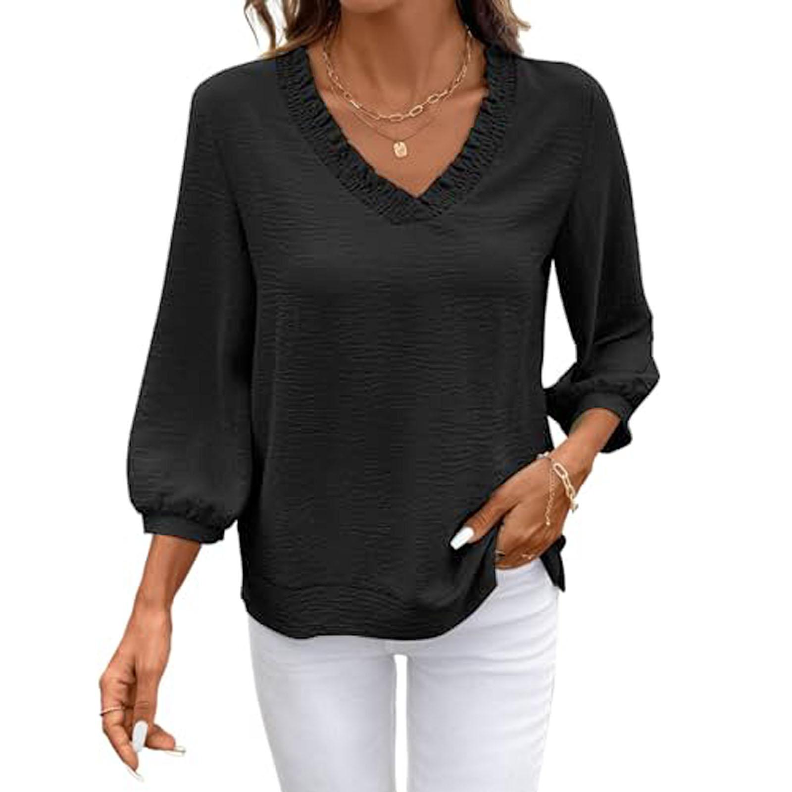 

Women s Three,Quarter Sleeve Cotton Linen Top Casual Top M чорний