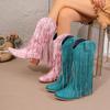 Retro Rivet Tassels Long Boots Fringe Western Cowboy Boots Women 2025 Vintage Woman Chunky Heels Casual Boot Slip on Shoes Femal