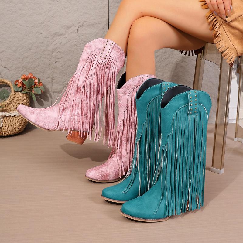 Retro Rivet Tassels Long Boots Fringe Western Cowboy Boots Women 2025 Vintage Woman Chunky Heels Casual Boot Slip on Shoes Femal
