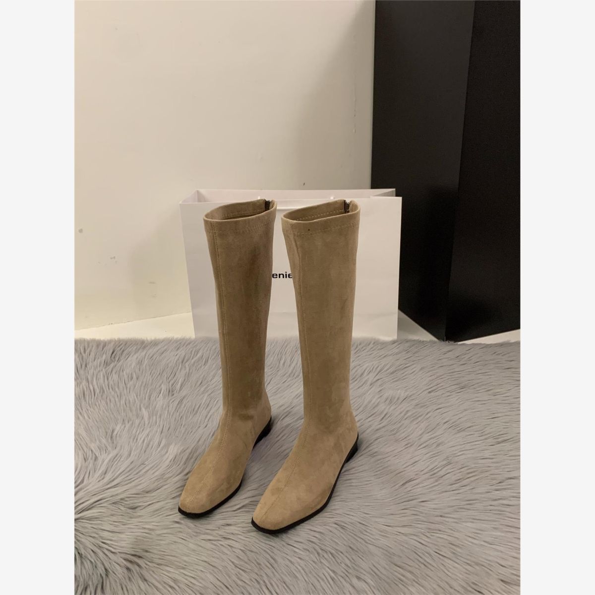 Wildleder Warm Mode Chelsea Boots Herbst Designer Retro Damen Kniehohe Stiefel Bequem Rutschfest Niedriger Absatz Stiefel Damen 35 gray