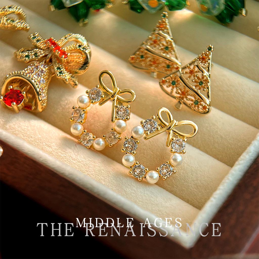 

Vintage Crystal Christmas Tree Earrings with Bells & Bows