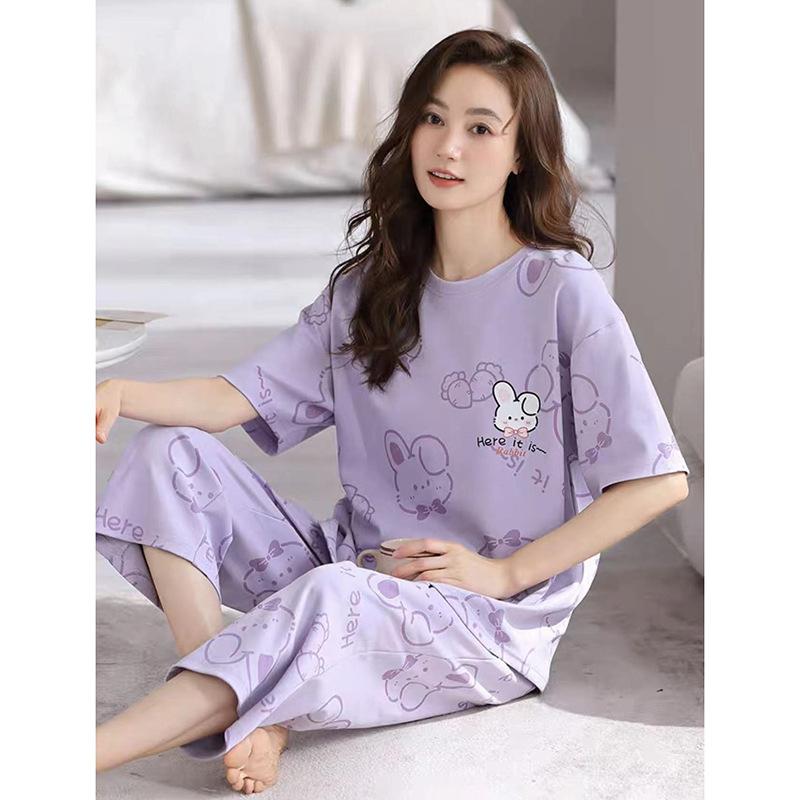 Pajamas Women's Summer, New Spring and Summer Short-sleeved Cute Loose Cropped Pants Loungewear Two-piece Set Summer