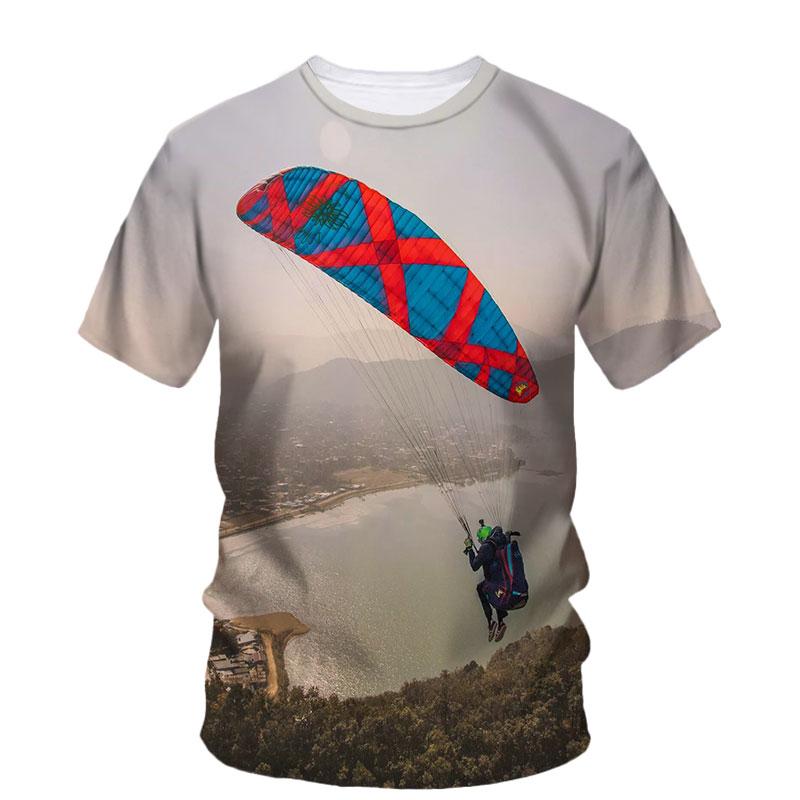 3D Parachute Paraglider Printed Casual Short Sleeved Children's Boy T-shirts  - Soft Medium Stretch Fabric Spring and Autumn Relaxed Fit Clothing