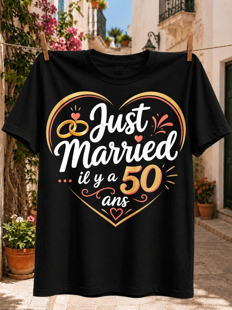 Just Married 50 Years Ago French Graphic Gold Rings Inside Heart Outline with Orange Anniversary Unisex All TShirt