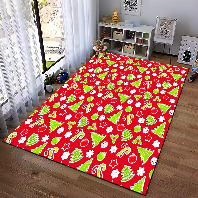 Christmas Pattern with Trees and Ornaments Non-slip rug suitable for living room and bedroom sofas.