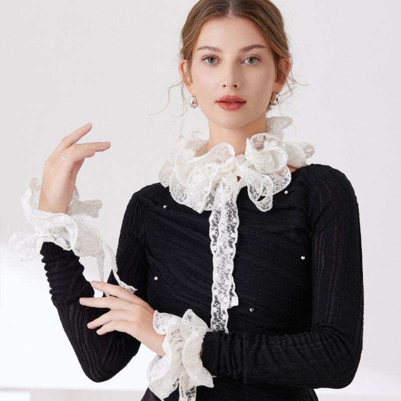 Ruffle Faux Collar Cuffs Sleeves Collar Insert Outfit Enhancer for Office Women Various Occasion Clothing Accessory