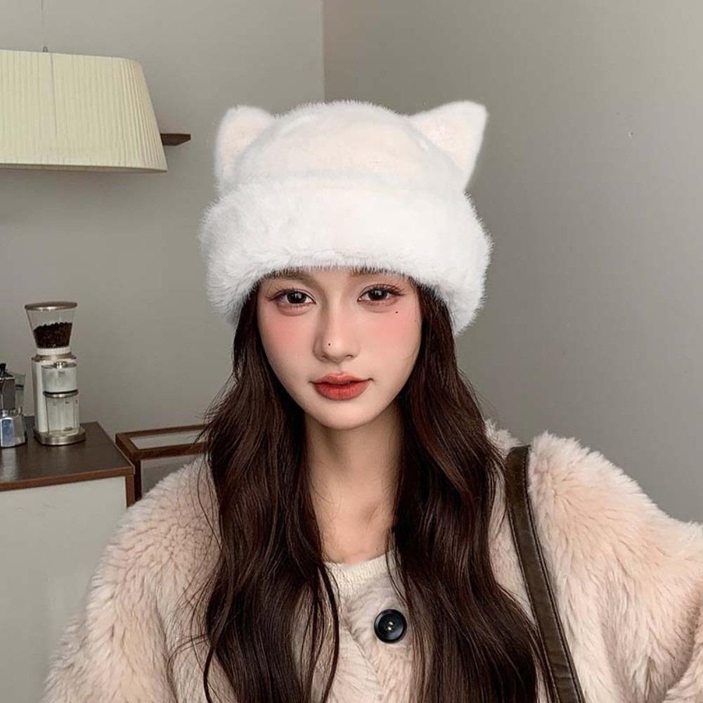Korean Style Leopard Ear Beanie Soft Pullover Cap Versatile Brimless Beanie Cap  Autumn