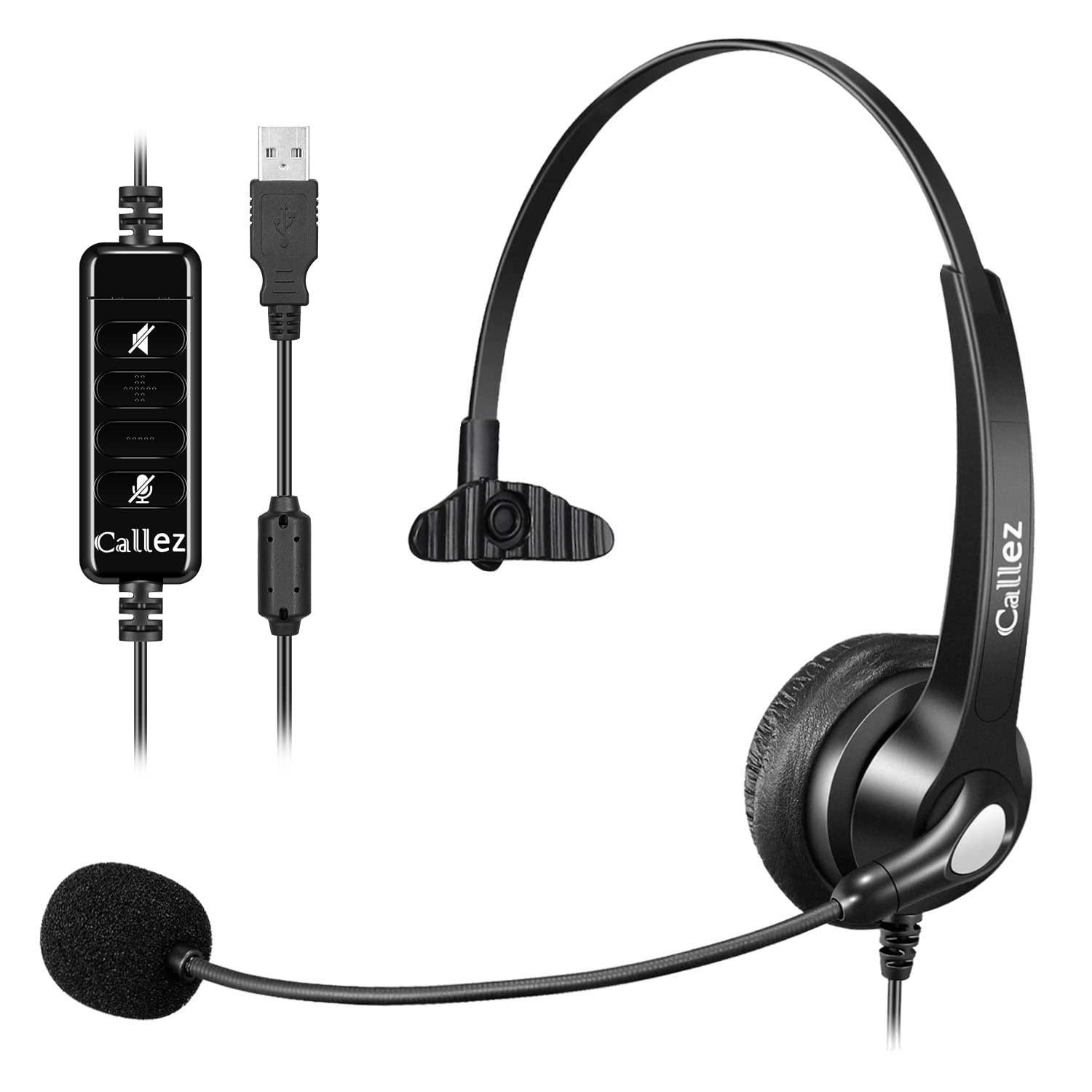 

USB Headset, Single Ear, with Microphone, Noise Cancelling, Volume Control, and Mute Function, Lightweight, for Skype Web Conferencing, Working from