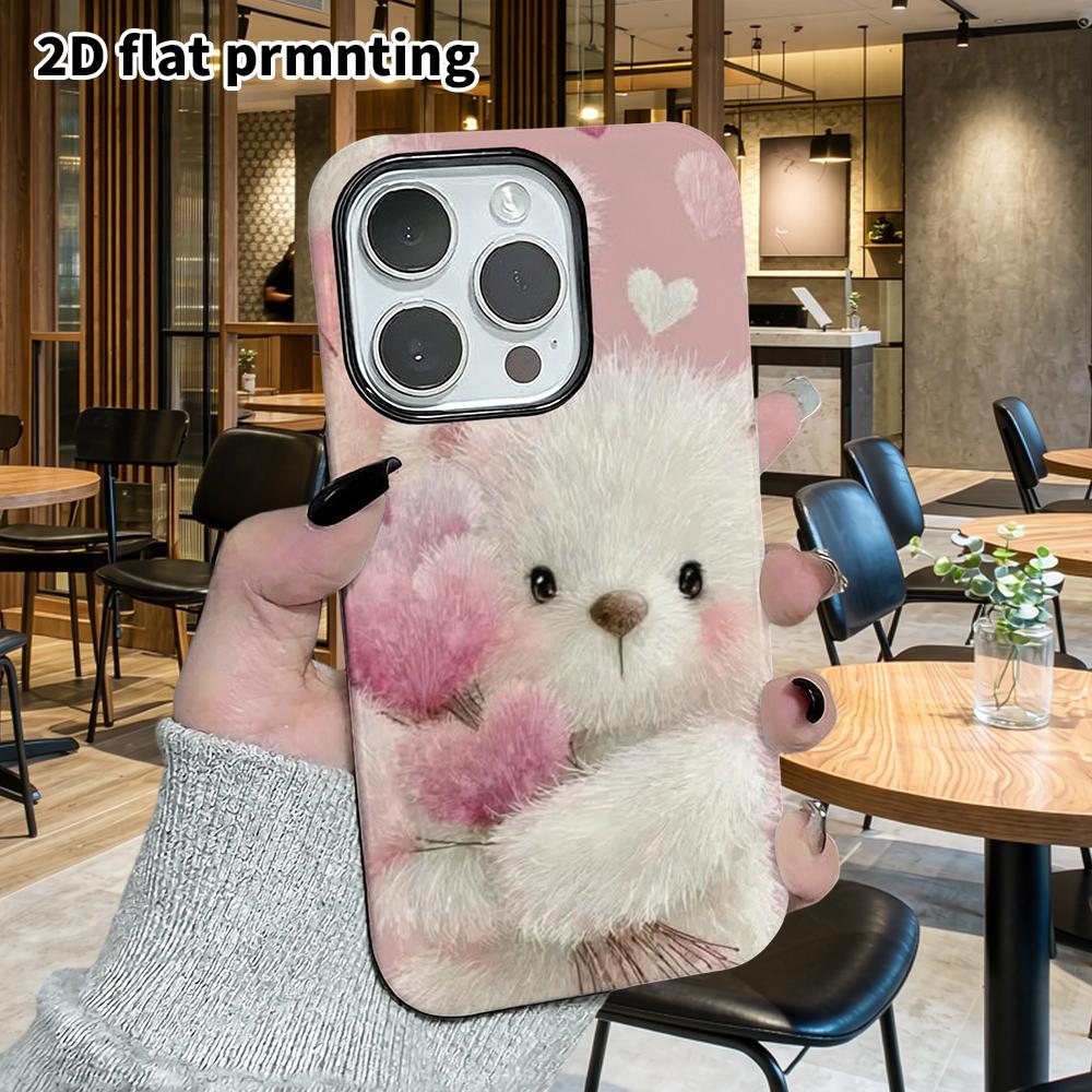 Phone Case: 2D Flat Suitable for iPhone 18 17 16 15 14 13Pro Film Protective Case, Couple Style, Pink Fluffy Little White Bear, Christmas and Hallowee