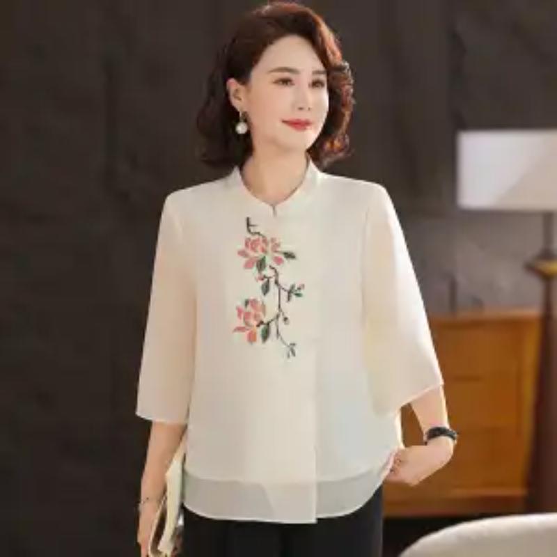 Women's Chinese Style Embroidery Blouse Mandarin Collar 3/4 Sleeve Asymmetric Button-Up Casual Top for Middle-Aged
