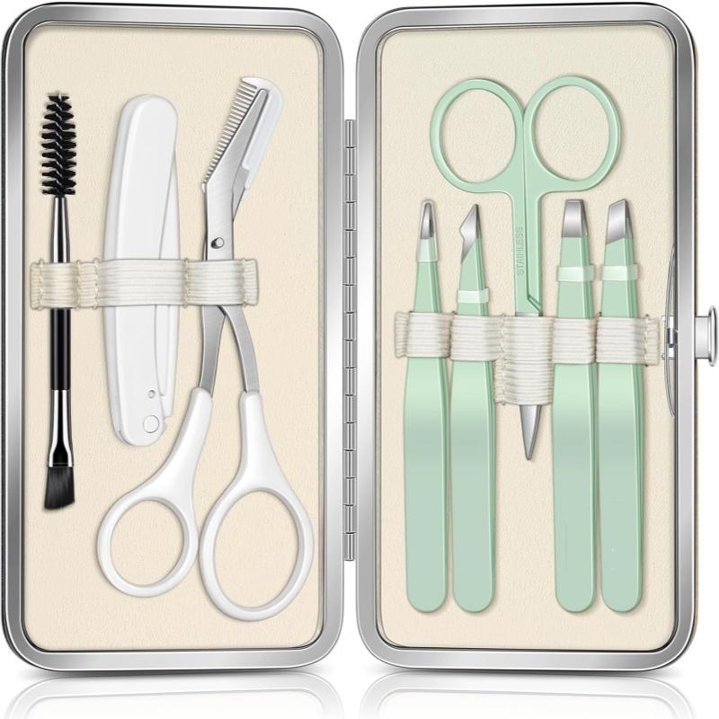 

8 in 1 Eyebrow Kit with Tweezers, Eyebrow Trimmer Scissors, Razor, Brush with Travel Bag, Hair Plucking Daily Beauty Tools