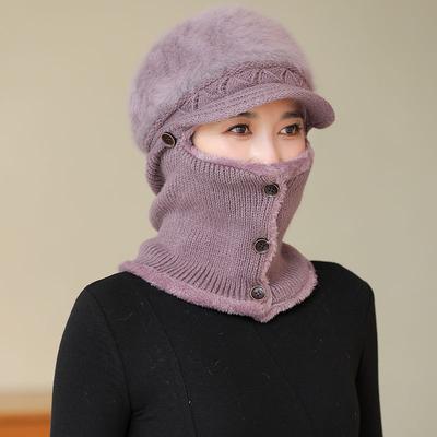 Fleece Scarf Integrated Cap Lady Mother Fashion Warm Rabbit Wool Knitted One-piece Hat Medium and Old Hat