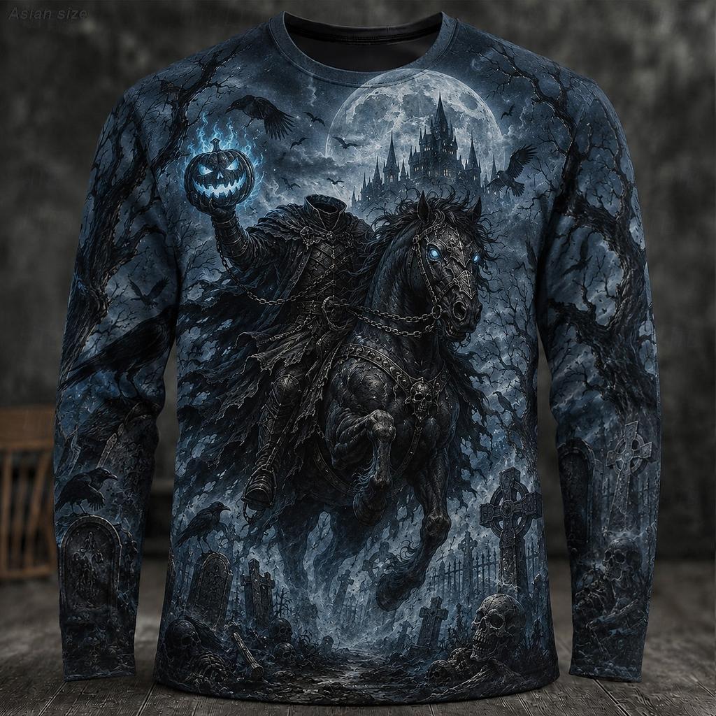 Autumn and Winter Men's Skull 3D Printed Crew Neck Long Sleeve T-Shirt