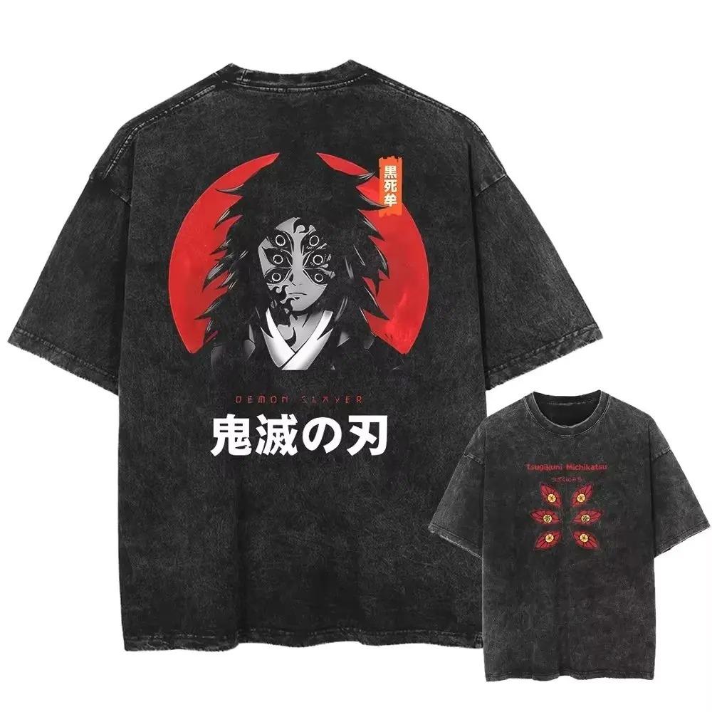 Demon Slayer Graphic T Shirts Man Anime Oversized Vintage Washed Women Casual Short Sleeved Tee Streetwear Y2k Top Summer Trendy