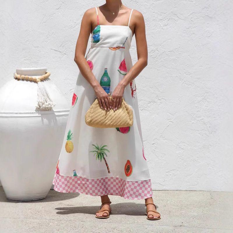 

Европейская и американская женская одежда Повседневный праздничный стиль Сарафан с высокой талией и большим подолом Fruit Print S
