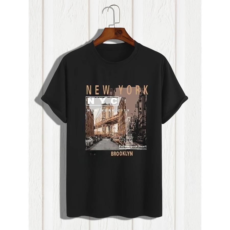 Herr 100% bomull sommar lös passform vardaglig New York-tryck rund hals kortärmad T-shirt topp O-hals Pactwork Vardags-T-shirt
