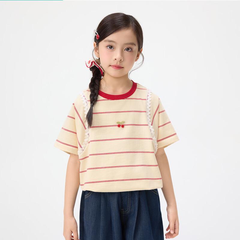 Girls  Sweet Lace Striped Short Sleeve T-shirt 160