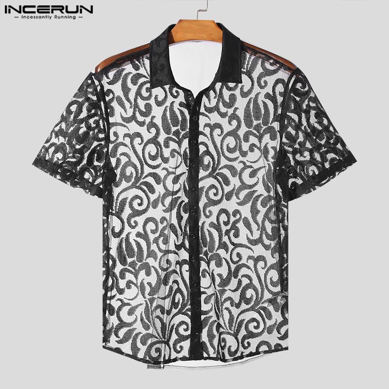 INCERUN Herren Sommer Spitze Häkeln Blumen Shirts Mesh Strand Urlaub T-Shirts