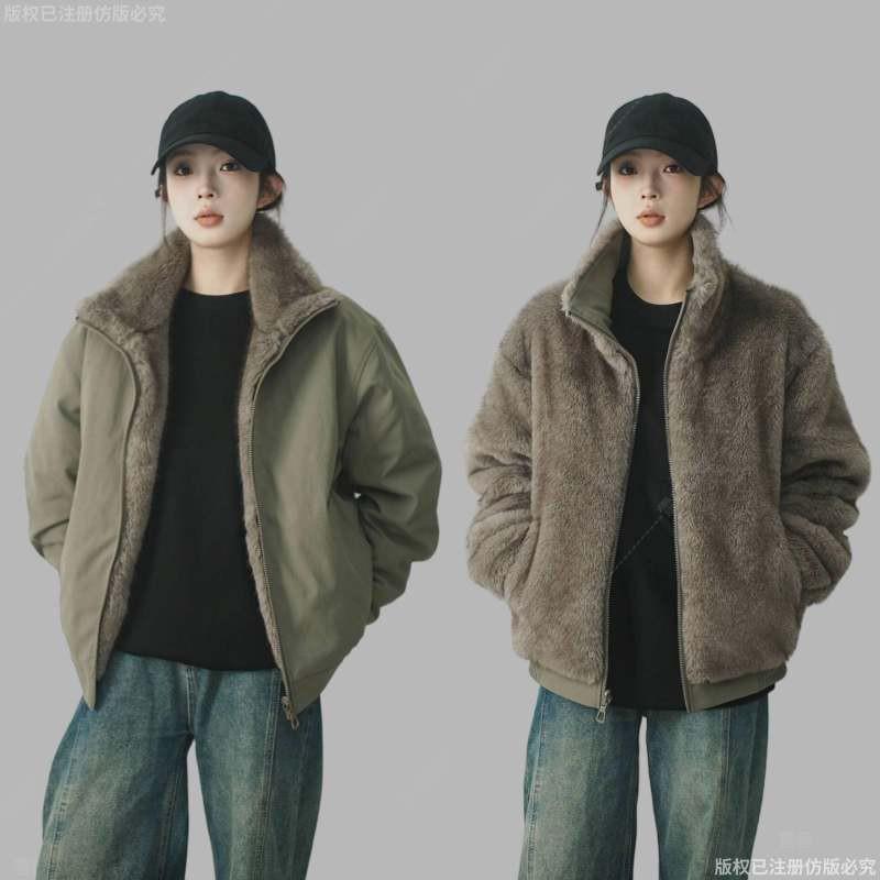 Reversible Warm Thickened Stand Collar Cotton Jacket Men Women Loose Fit Winter Outerwear In Black Gray Khaki