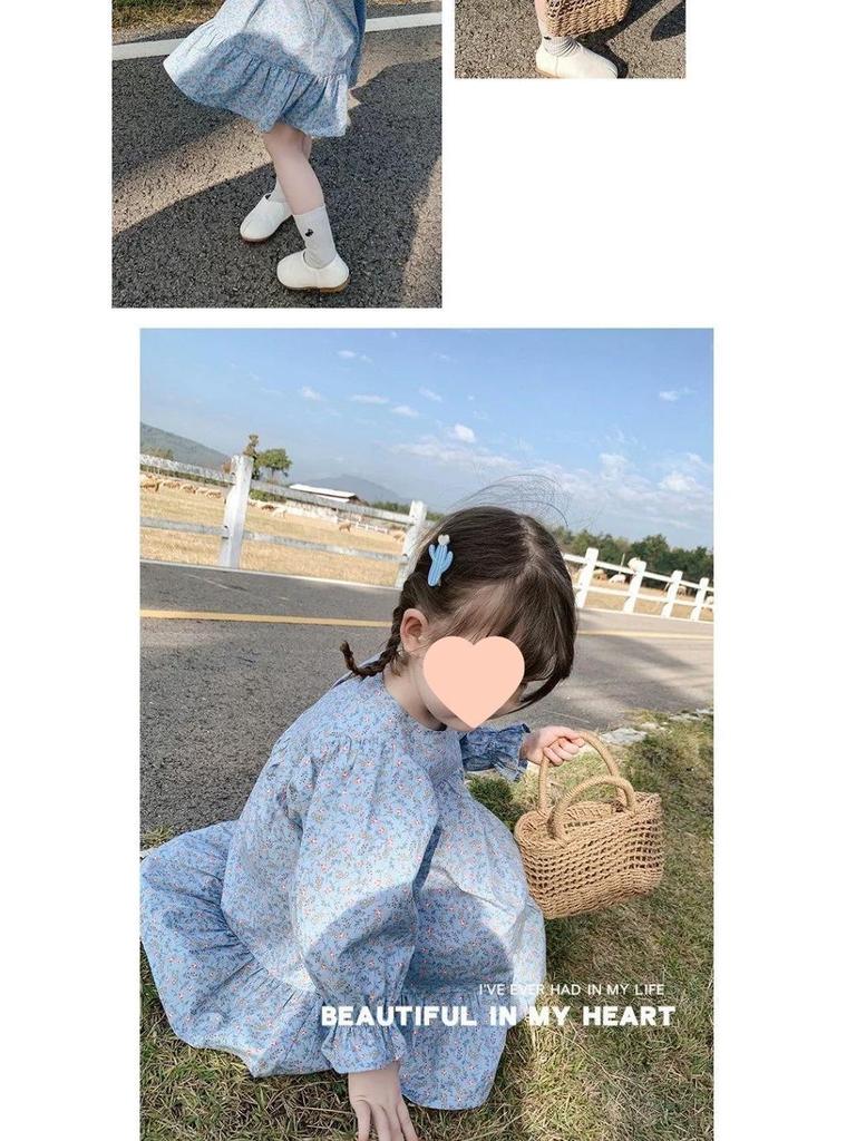 Girls' Floral Long-Sleeve Mid-Length Spring 2025 Princess Dress - Korean Pastoral Style