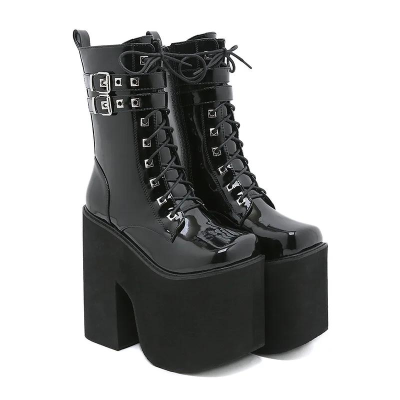 2024 Women's Short Boots Patent Leather Square Head Double Waterproof Platform Thick Heel Super Heel Women And Bare Boots