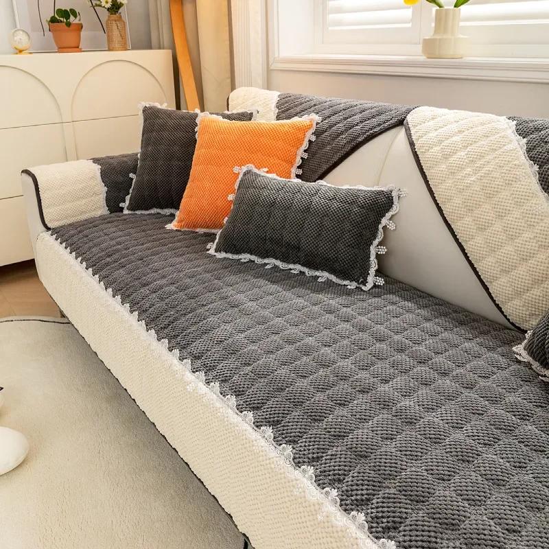 Winter Thicken Plush Sofa Cover White Wide Edge  Chaise Lounge Sofa Towel Mat Modern Non-Slip Couch Cover Cushions Living Room