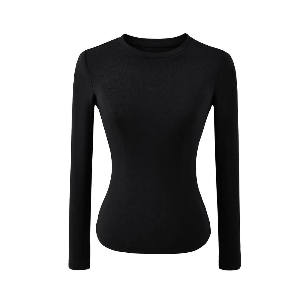 Women's Spicy Girl Round Neck Long Sleeve Yoga Tee - Slim Fit, Solid Color, Elastic Base Layer