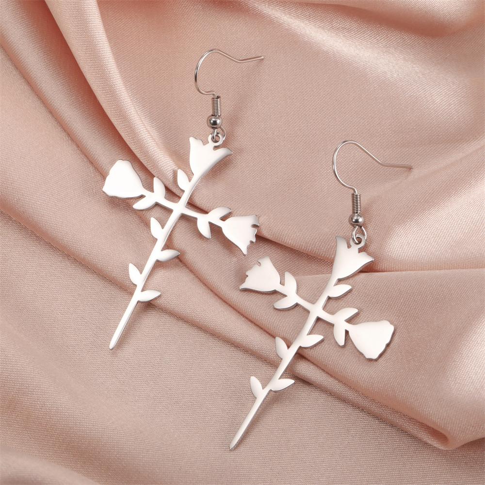My Shape Rose Cross Drop Earrings for Women Stainless Steel Rose Flower Cross Dangle Earrings Christian Jewelry Wedding Party