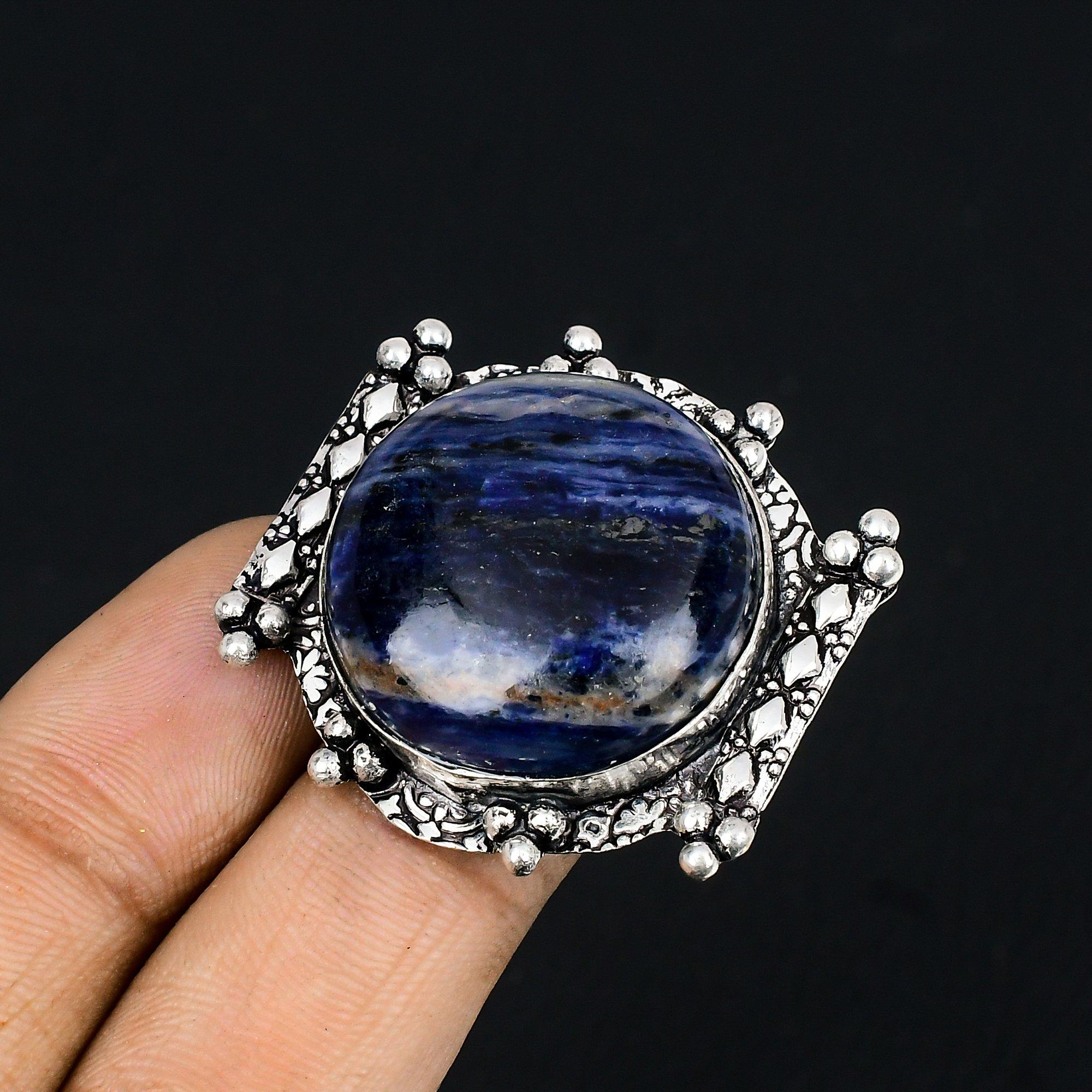 

Halloween Sale Sodalite Stone Statement Ring Jewelry 925 Sterling Silver US 7.5 7.5