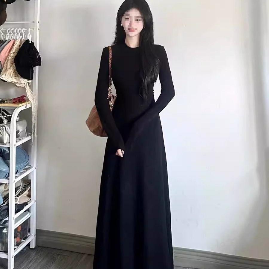 Elegant Black Long-Sleeve A-Line Dress - Autumn/Winter 2026 French Slim Fit Women's Fashion