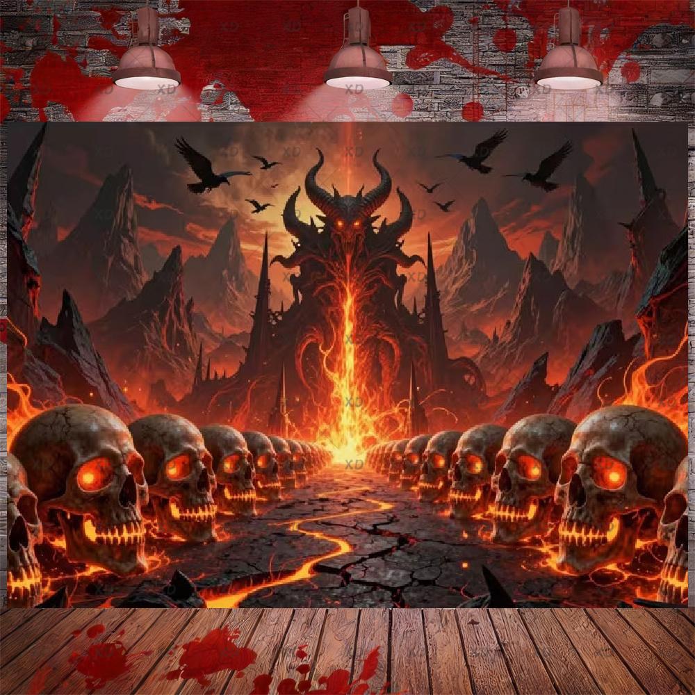 Hell Fire Lava Skull Backdrop Halloween Horror Party Decoration Background Spooky Burning Volcano Horror Photo Booth Banner Prop2282