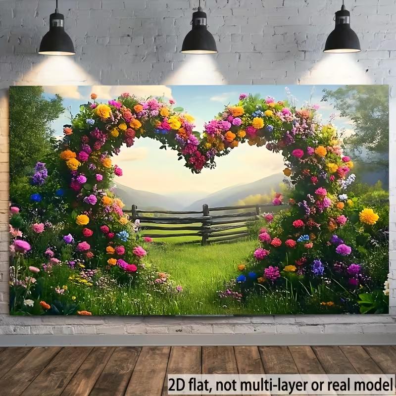 2D Romantic Spring Meadow with Heart Flower Arch Photography Background