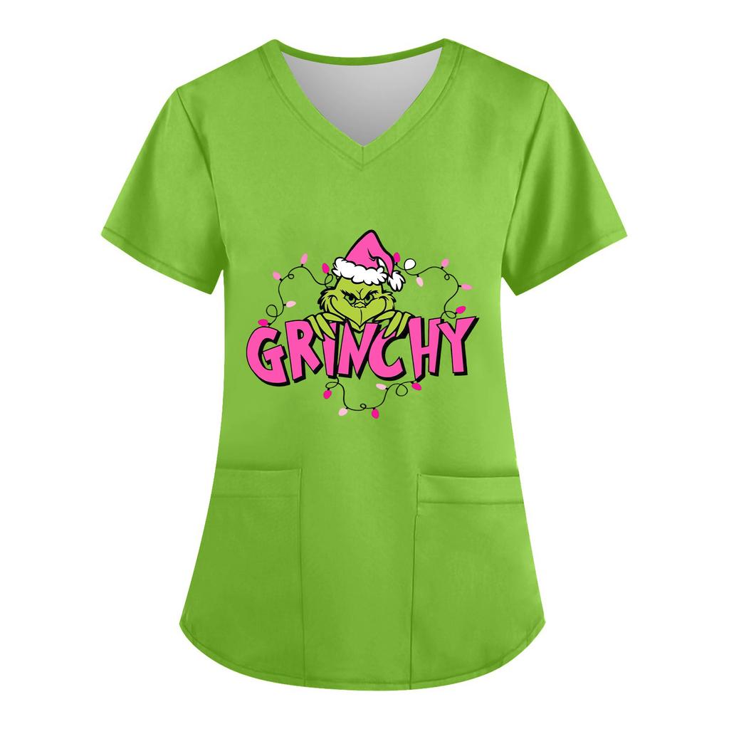 Women's V-neck Christmas Print Short-sleeved Pocket Side Slit Uniform Top