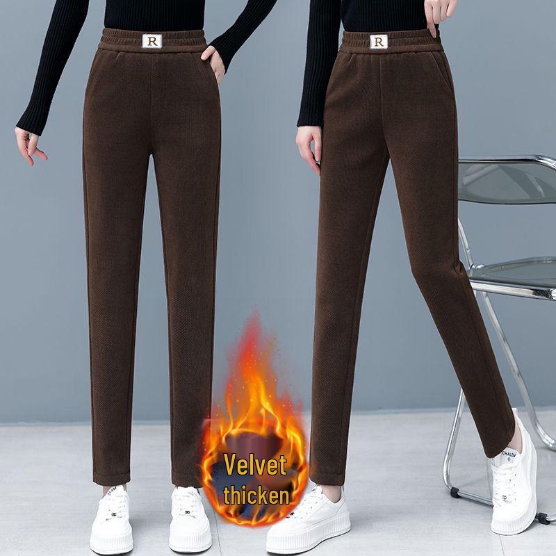 Women's High-Waisted Corduroy Carrot Pants: Fleece-Lined, Casual Straight-Leg for Autumn & Winter