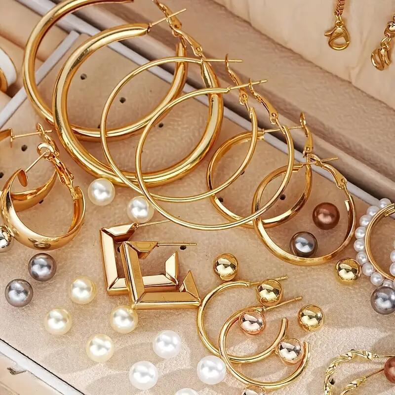 86 Stück/Set Elegante Perlenohrringe Mehrschichtige Halskette Ohrstecker Ringe 4-in-1 Schmuckset für Damen Tägliches Tragen Geschenk (Kein Kasten)