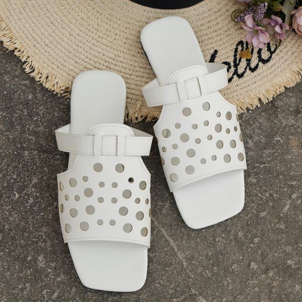 Fashion Fretwork Heels Shoes Woman 2025 Big Size Low Slippers Flat Square Toe Summer Slides Fabric Rubber PU Hoof Shoes Slippers Women S
