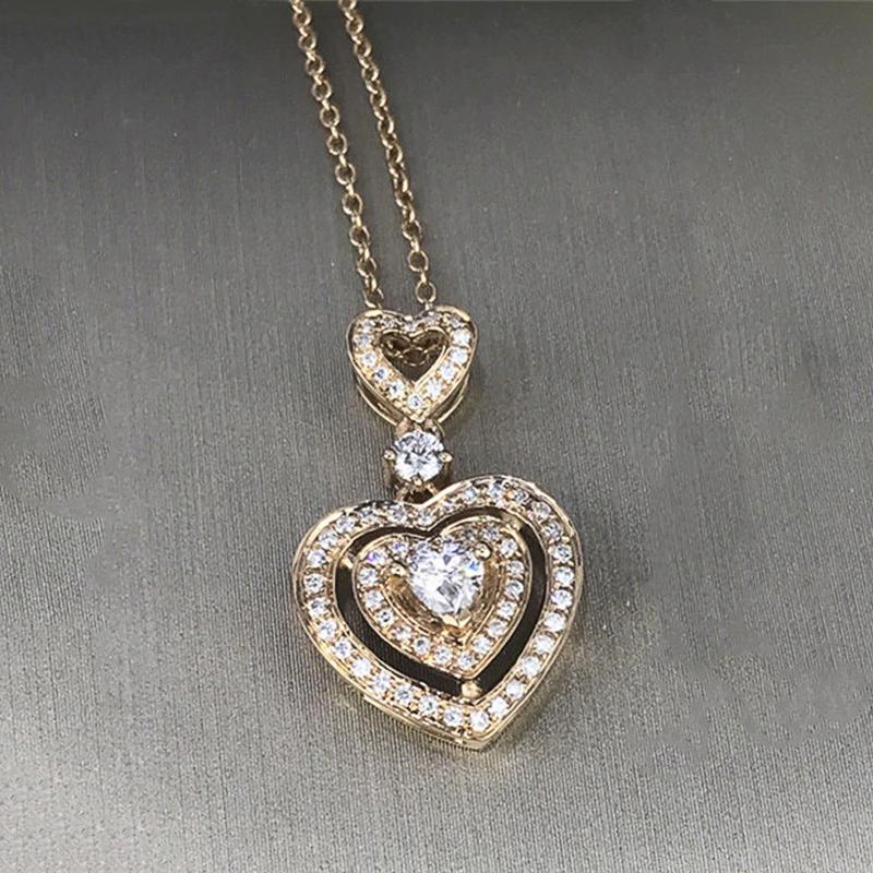 Huitan Luxury Heart Pendant Wedding Necklace for Women  Color/Gold Color Inlaid Shiny Cubic Zirconia Fashion Neck Jewelry