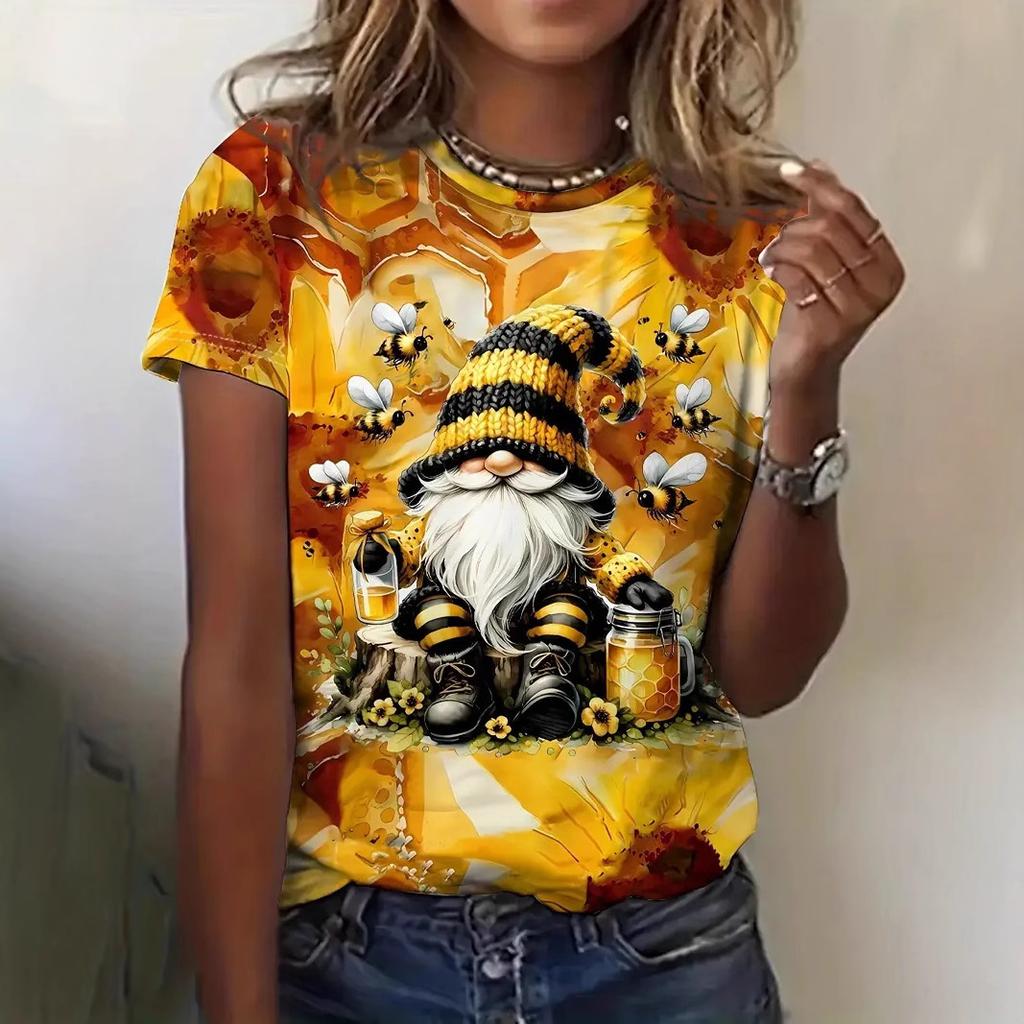 Sommer Einzigartiges und Einfaches 3D-gedrucktes Zwergbienen-Sonnenblumen-Element Rundhals Kurzarm Damen T-Shirt