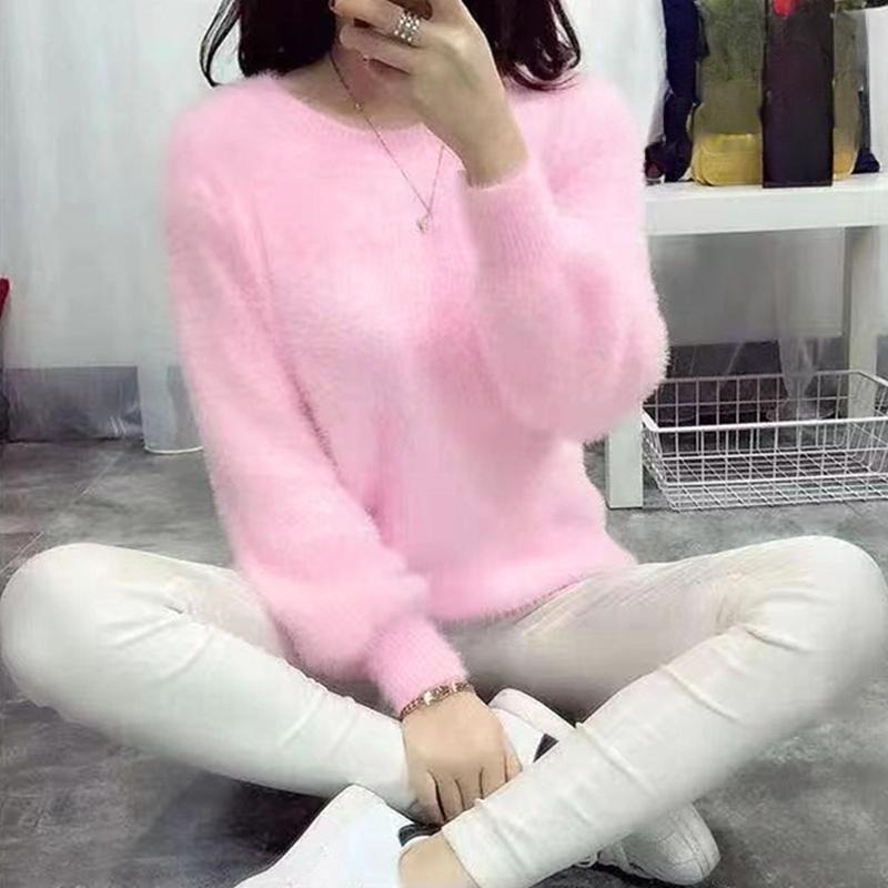 Zimowe swetry z wełny imitującej norki, ciepłe, polarowe, jednokolorowe, damskie, elastyczne, swobodne, z okrągłym dekoltem i długimi bufiastymi rękawami, damskie, dzianinowe topy