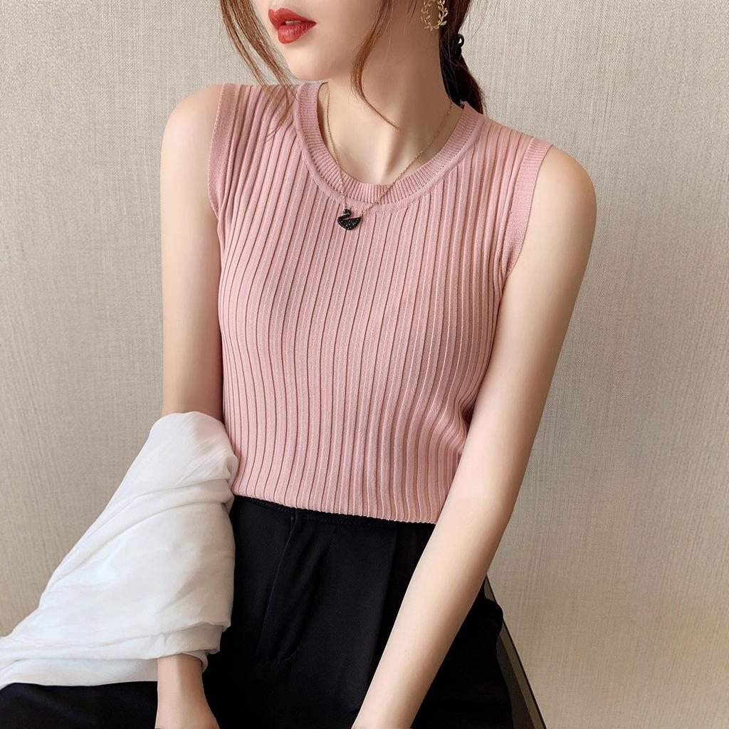 White bottomed vest for women inside and summer outside, tight short small suspenders, ice silk thin knitted sweater, sleeveless top.