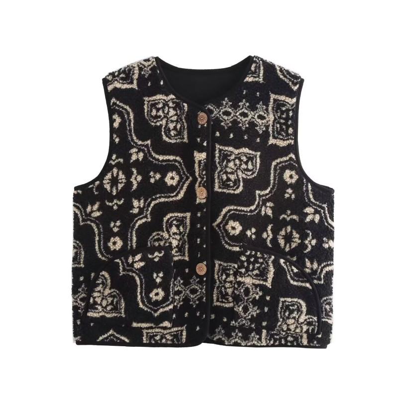 Womens Faux Fur Lined Vest With Print Design Round Neck Sleeveless Cardigan Style 2026 Outdoor Casual Wear