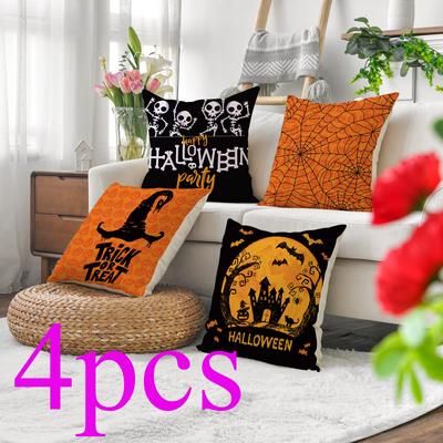 4pcs/set Halloween Linen Pillow Cover Ghost Pillow Printed Pillowcase Cushion Cover Holiday Gift  Without Pillow Core