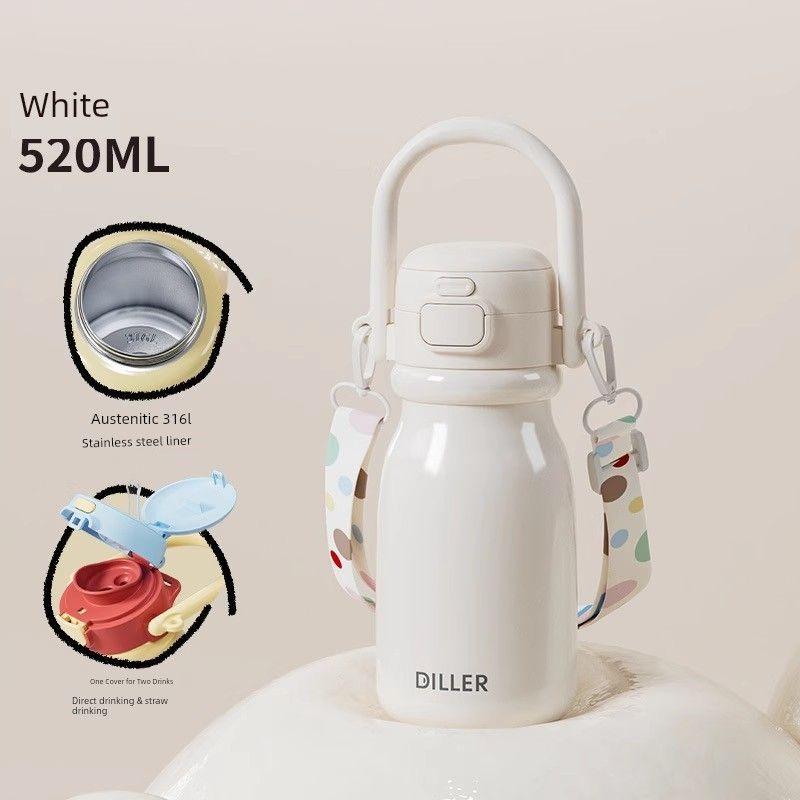 

German Large-Capacity Thermos Cup for Girls, Stylish Water Bottle with Strap, Portable for Boys, Suitable for School Use, with a Straw White 520ml [Double Drink in One Cup + 316L Liner]