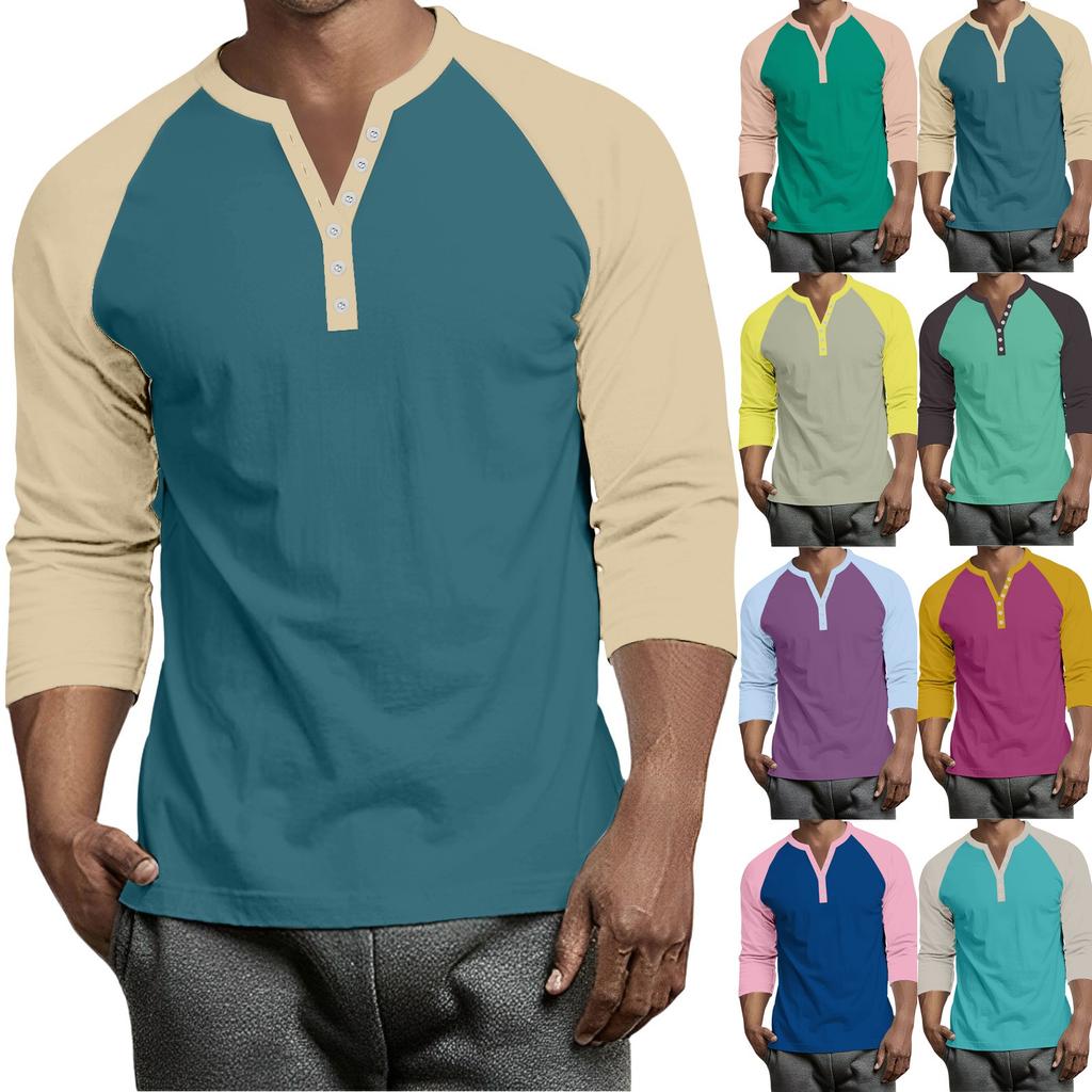 Men's Button-Down Contrast Raglan 3/4 Sleeve Top