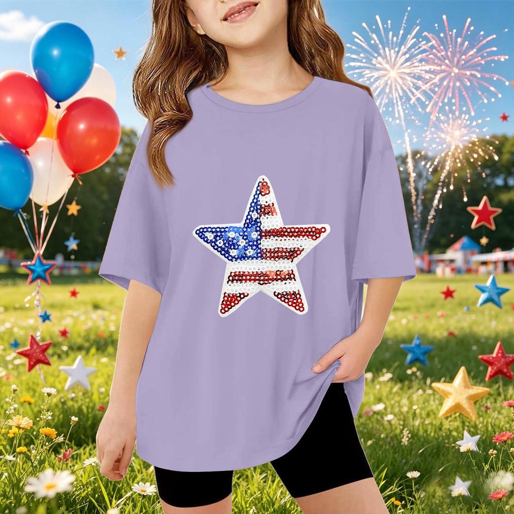 Kinder Kurzarm T-Shirt mit Sternenmuster Pailletten vorne Lässiges lockeres Oberteil für den Sommer Alltagsbekleidung