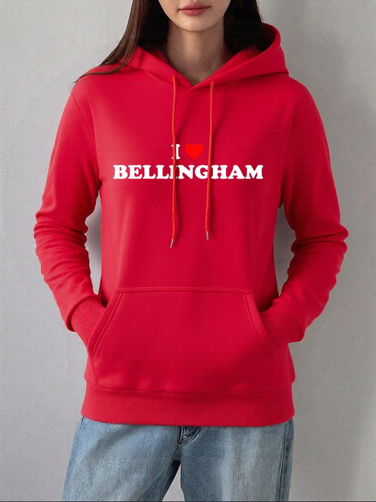 Ich liebe Bel Letter Bellingham Druck Hoodies Damen Winter Fleece Warmes Sweatshirt Lässiger Kängurutaschen-Pullover Street Locker Kleidung